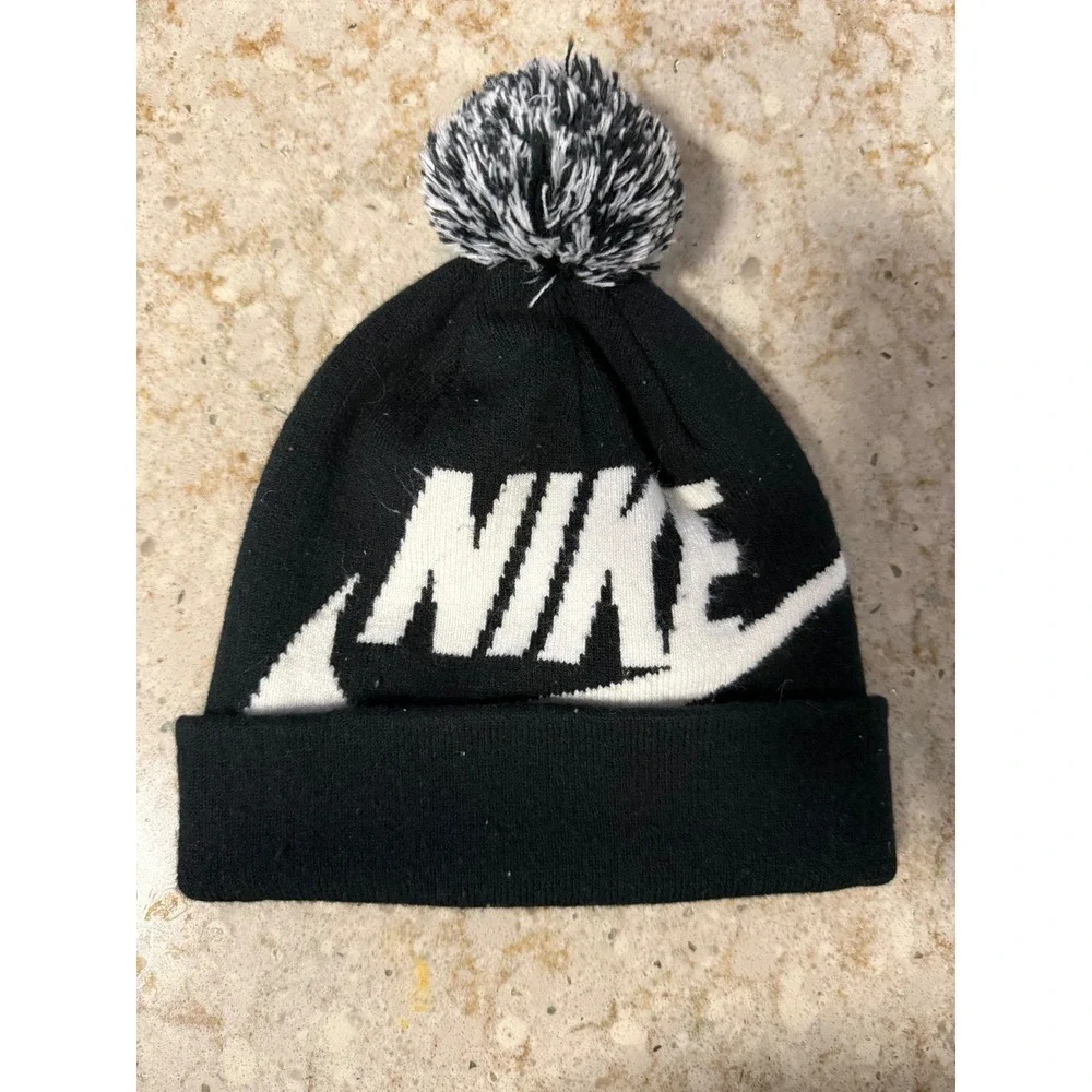 Nike Youth Pom Beanie Hat Black White Oversized Logo Knit Cap 2695-023